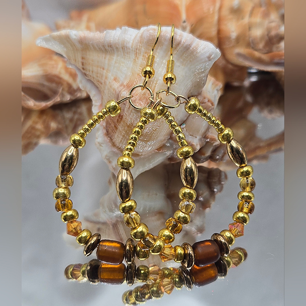 Elegant Handmade Gold, Brown & Amber Beaded Hoop Earrings